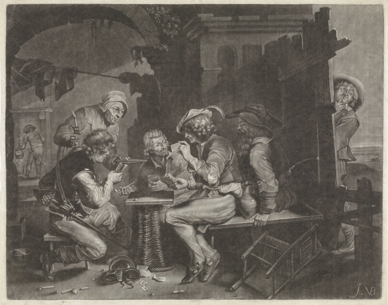 Jogadores de cartas e um homem que faz xixi de Jan van der Bruggen