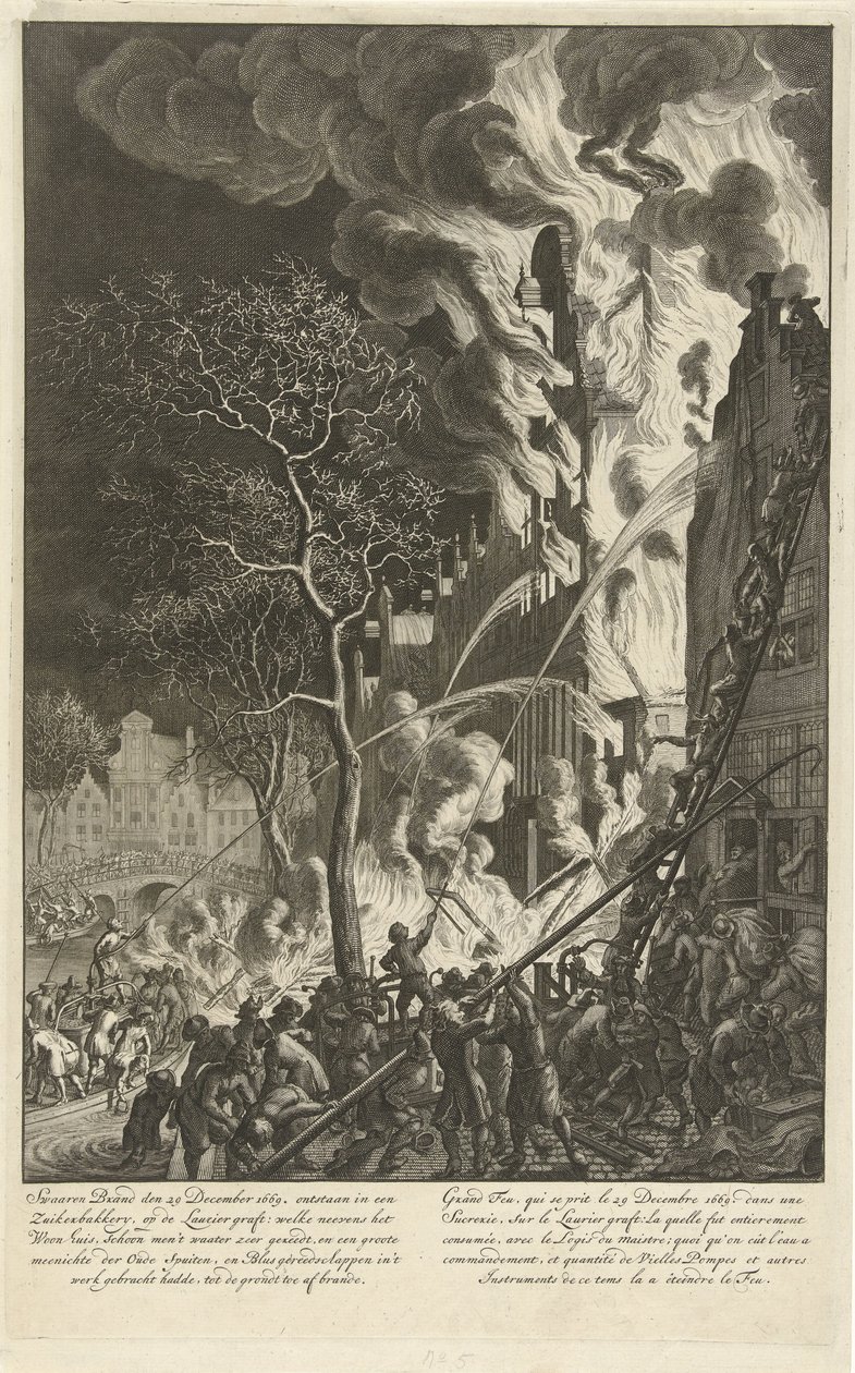 Incêndio no Lauriergracht em Amsterdã, 1669 Fogo pesado em 29 de dezembro de 1669. originado em uma padaria de açúcar, no enxerto Laurier (…) / Grand feu, qui se prit le 29 decembre 1669. dans une sucrerie, sur le Laurier enxerto (…) (título no objeto) de Jan van der Heyden (attributed to)