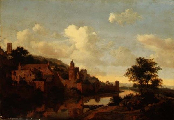Uma cidade fortificada acima de um rio (painel) de Jan van der Heyden