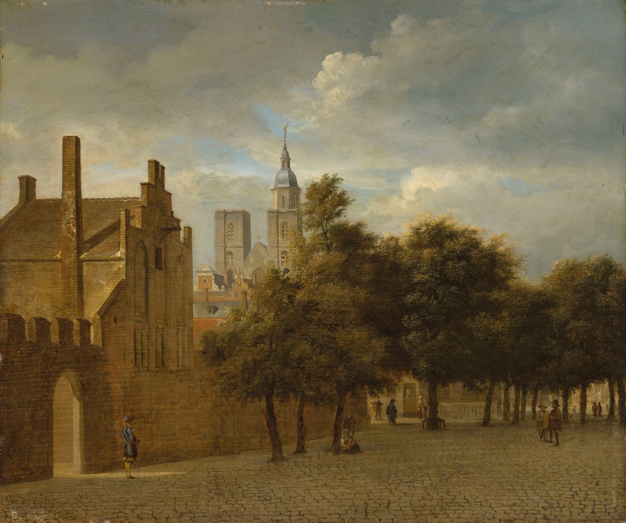Uma paisagem urbana com figuras a passear, uma igreja mais além de Jan van der Heyden