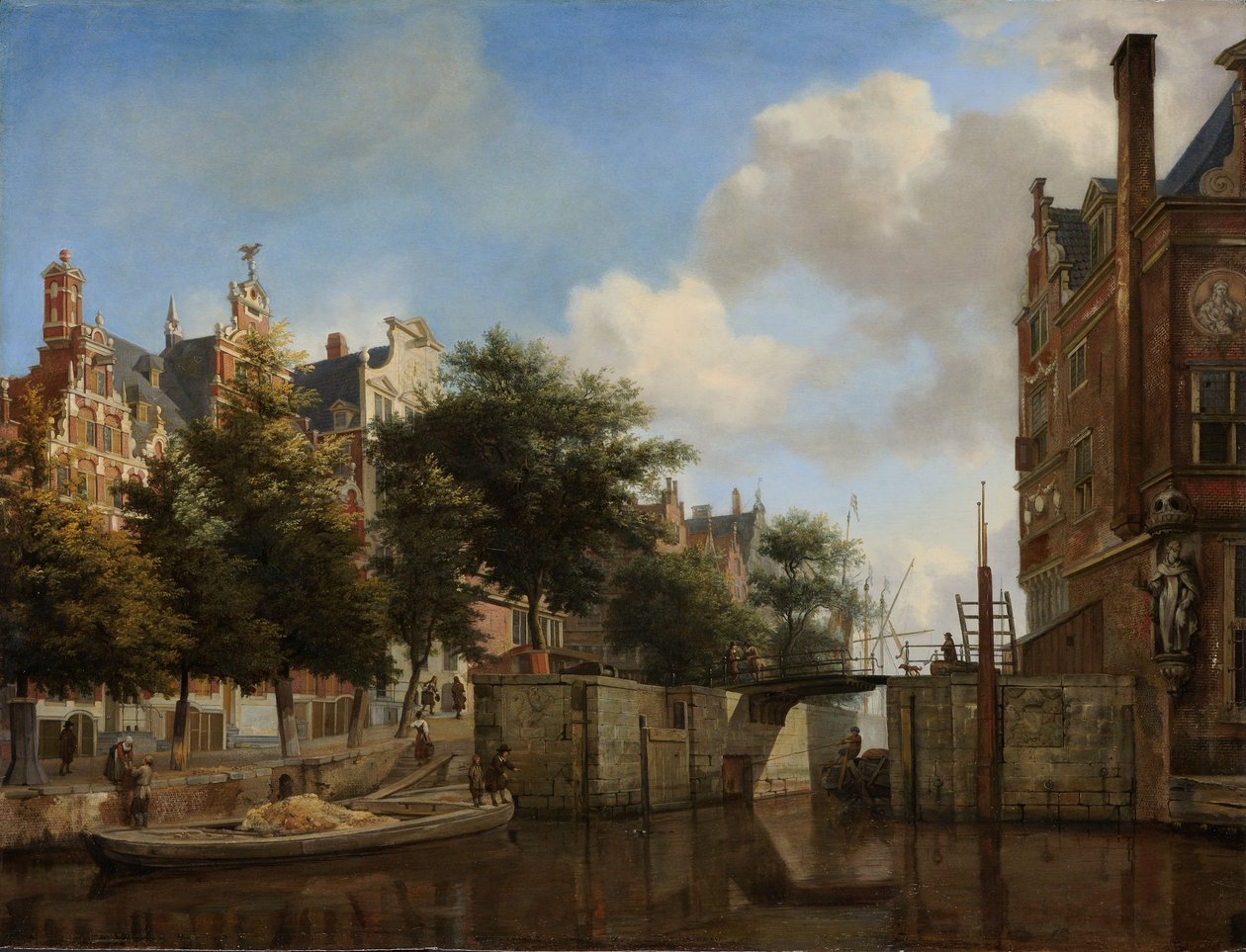 Vista da cidade de Amesterdão com casas no Herengracht e o velho Haarlemmersluis, c.1670 de Jan van der Heyden