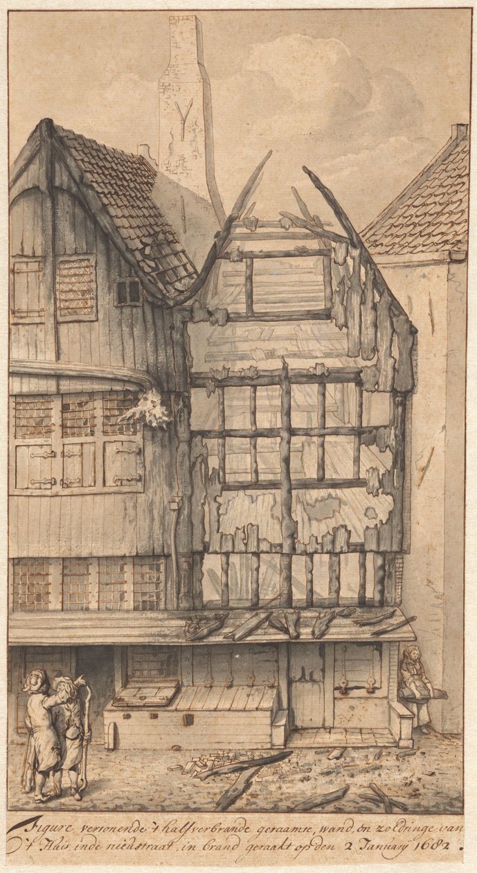 Duas casas queimadas na Oude Nieuwstraat, 1682 de Jan van der Heyden