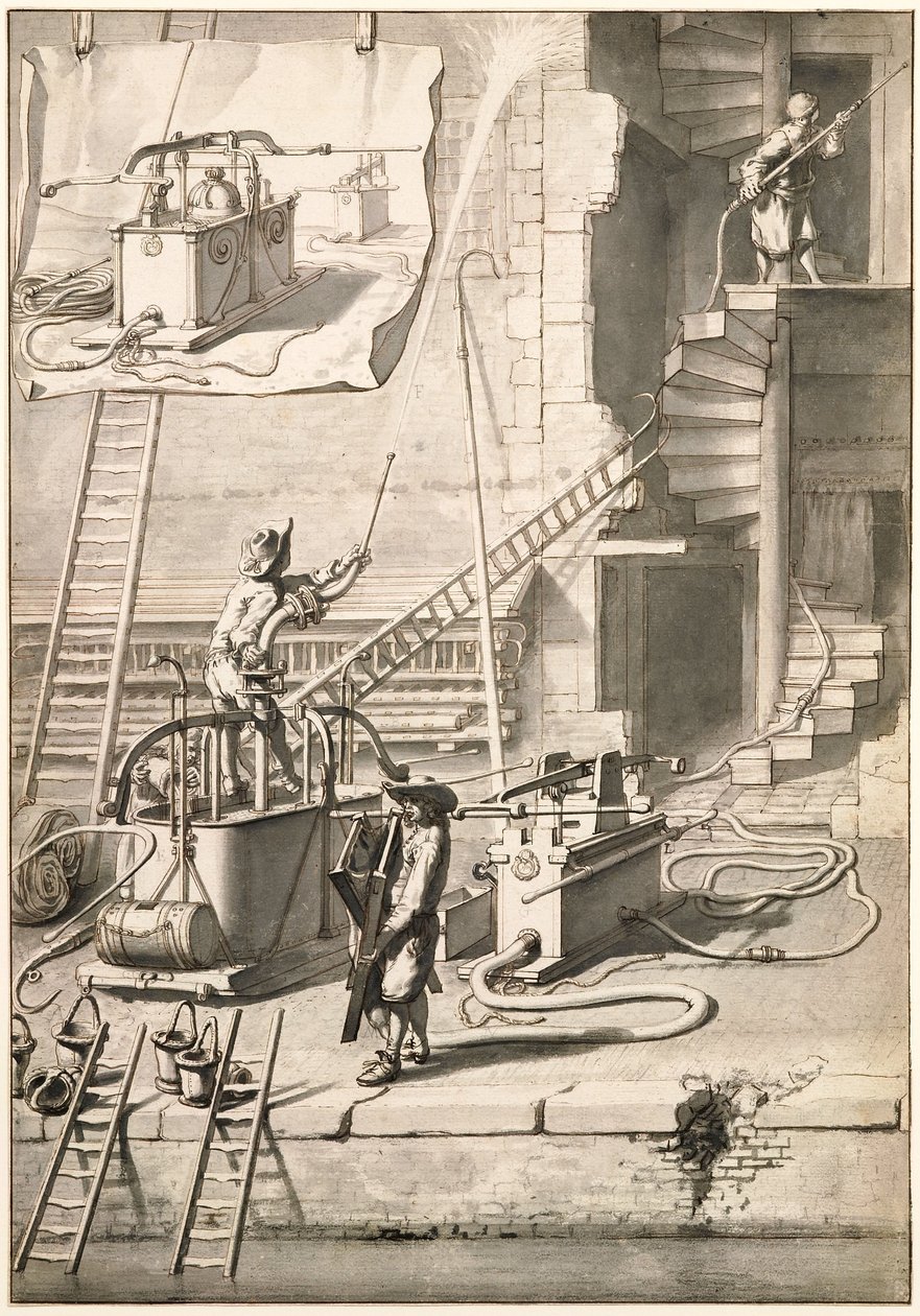 Comparação dos antigos carros de bombeiros com o carro de bombeiros da cobra de Van der Heyden de Jan van der Heyden