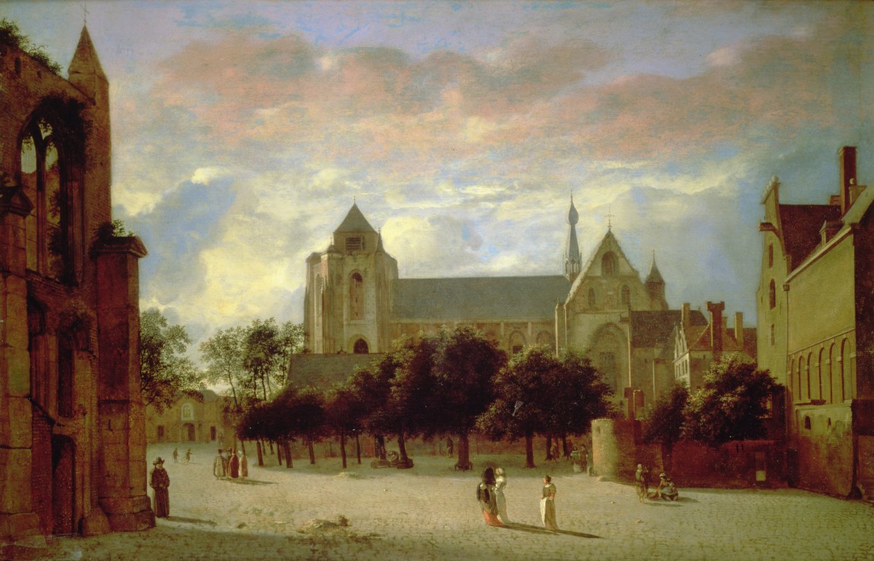 Vista do Grote Kerk na Veere do Sul (óleo no painel) de Jan van der Heyden