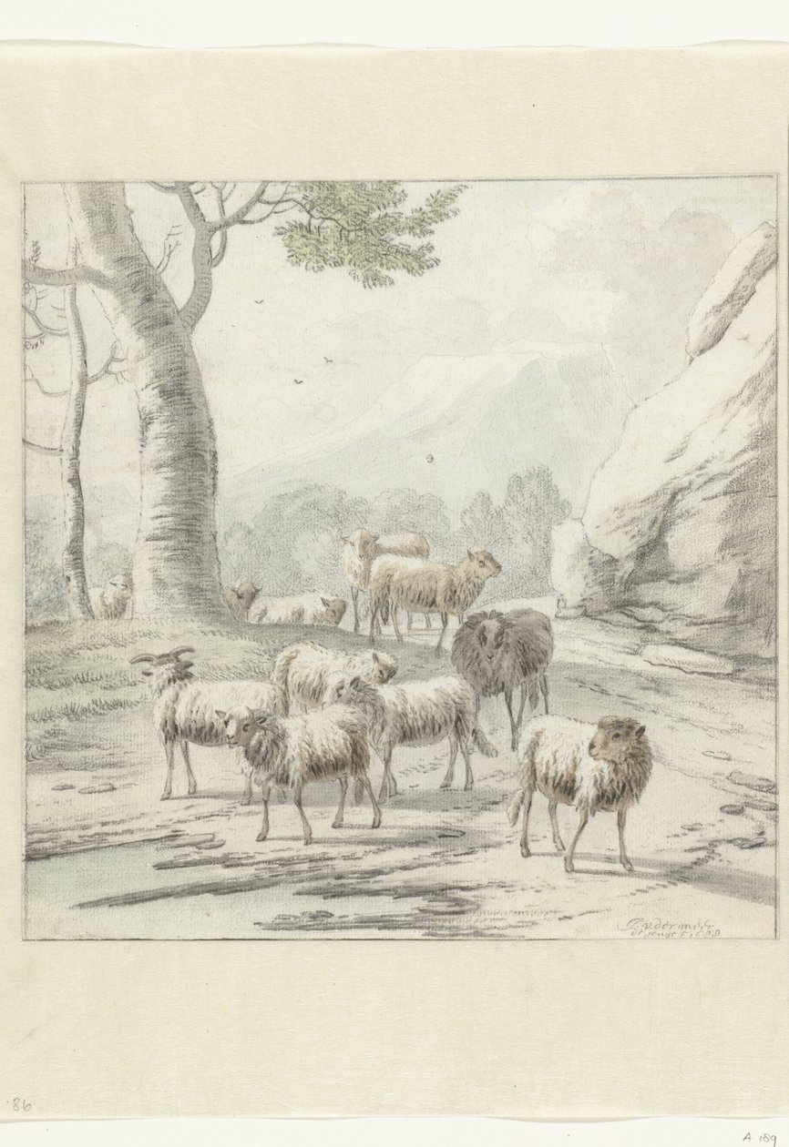 Paisagem com um rebanho de ovelhas perto de uma árvore de Jan van der Meer (II)