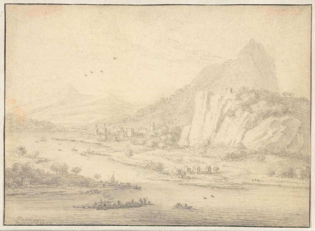 Paisagem montanhosa do rio com barcos de Jan van der Meer (II)
