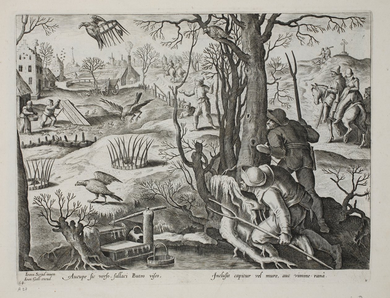 Birdcatchers usando armadilhas com ratos para capturar falcões, placa 64, ilustração de &39;Venationes, Ferarum, Avium, Piscium&39; (de caça: animais selvagens, pássaros, peixes), gravada por Jan Collaert (1566-162 de Jan van der Straet