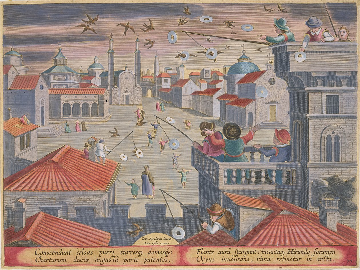 Capturando andorinhas usando discos espelhados com buracos, placa 77 de &39;Venationes Ferarum, Avium, Piscium&39; (de caça: feras, pássaros, peixes) gravada por Jan Collaert (1566-1628) publicado por Phillipu de Jan van der Straet