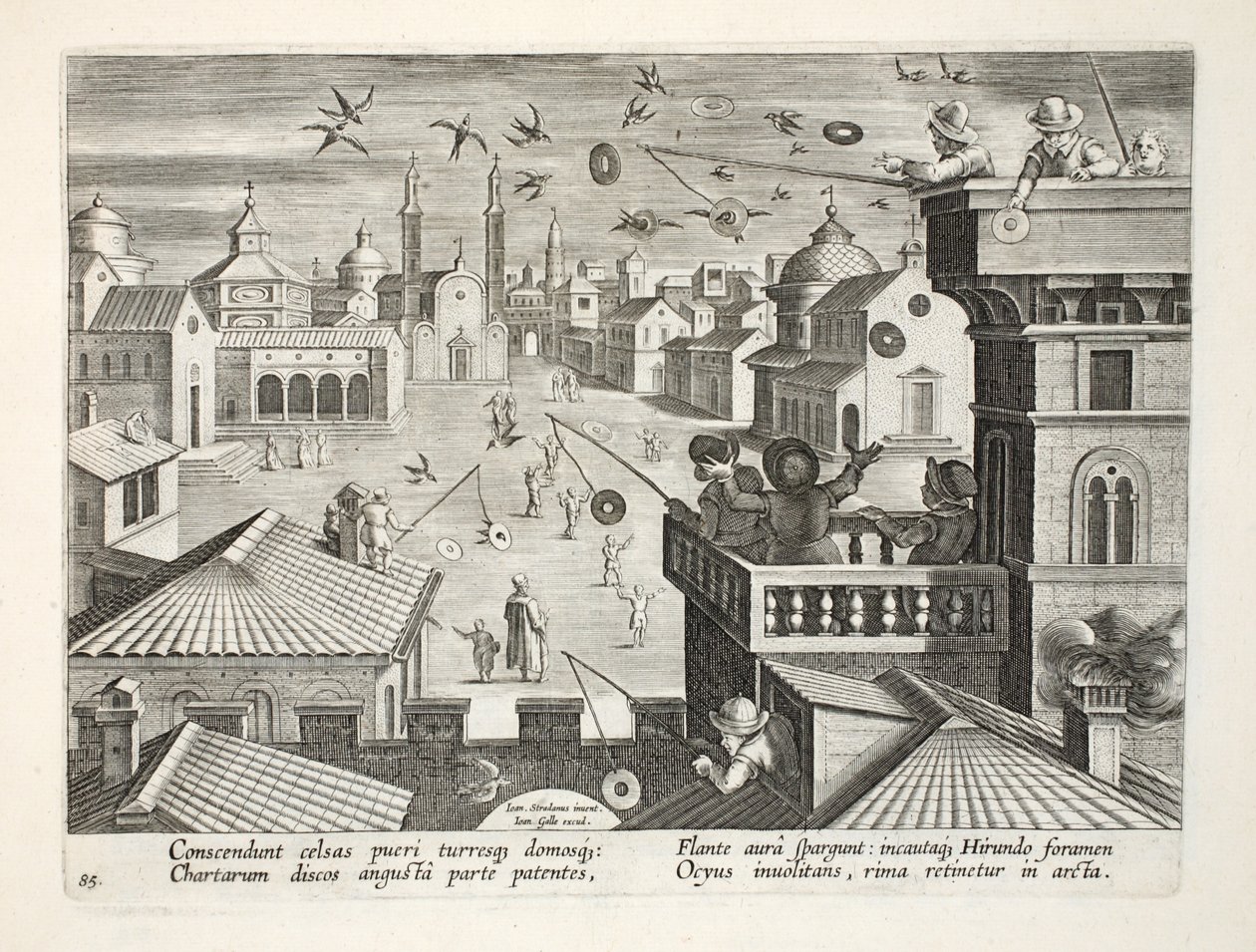 Capturando andorinhas usando discos espelhados com buracos, placa 77, ilustração de &39;Venationes, Ferarum, Avium, Piscium&39; (de caça: feras, pássaros, peixes), gravada por Jan Collaert (1566-1628), pub. de Jan van der Straet