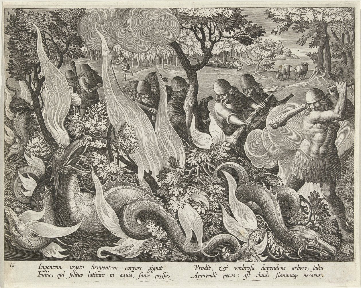 Pegando serpentes na Índia usando maças e tochas para iluminar a vegetação rasteira, pub. gravura de 1640. de Jan van der Straet