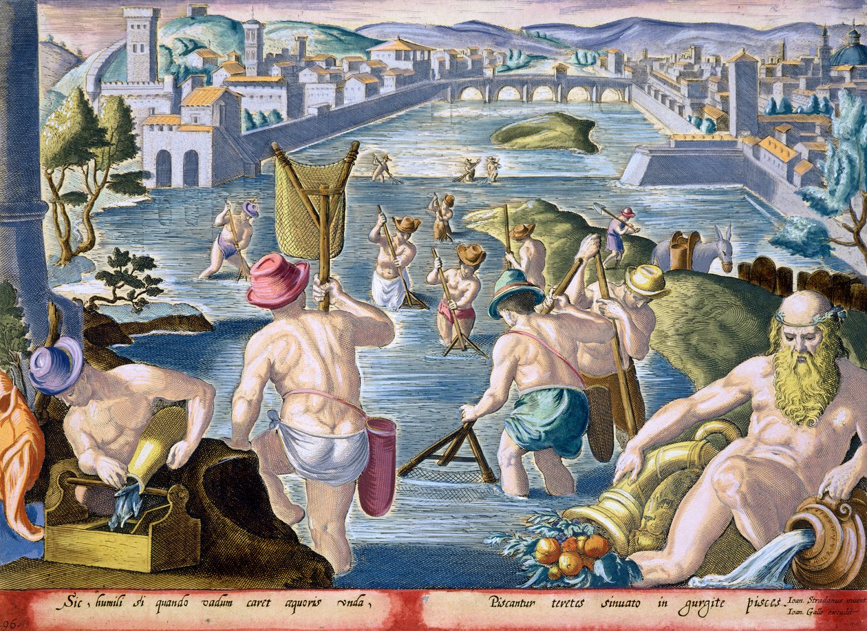 Pesca em águas rasas usando redes, placa 96 de &39;Venationes Ferarum, Avium, Piscium&39; (de caça: feras, pássaros, peixes) gravada por Jan Collaert (1566-1628) publicado por Phillipus Gallaeus de de Jan van der Straet