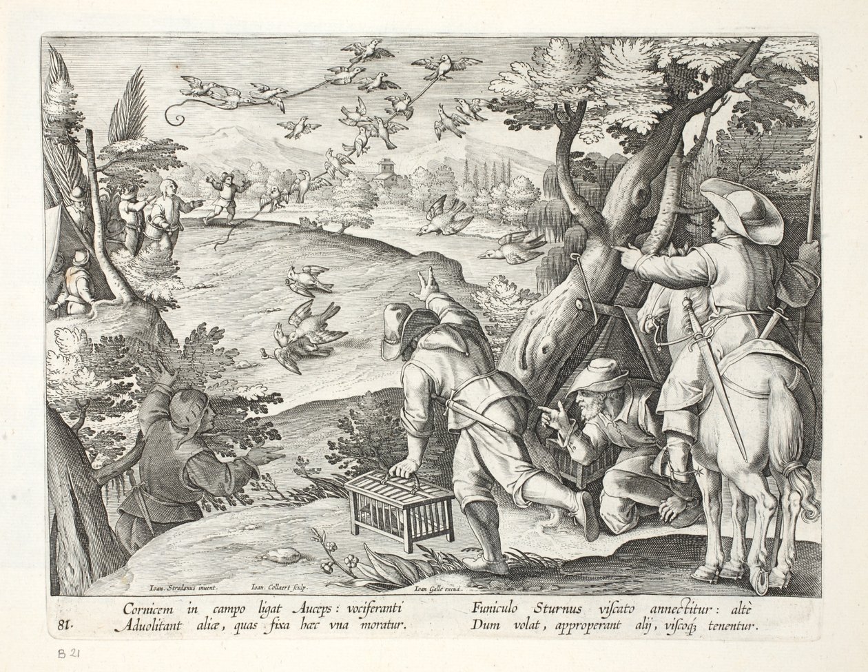 Fowlers que pegam corvos, ilustração de "Venationes, Ferarum, Avium, Piscium" (da caça: Bestas selvagens, pássaros, peixes), gravada por Jan Collaert (1566-1628), bar. por Phillipus Gallaeus, Amsterdam (por de Jan van der Straet