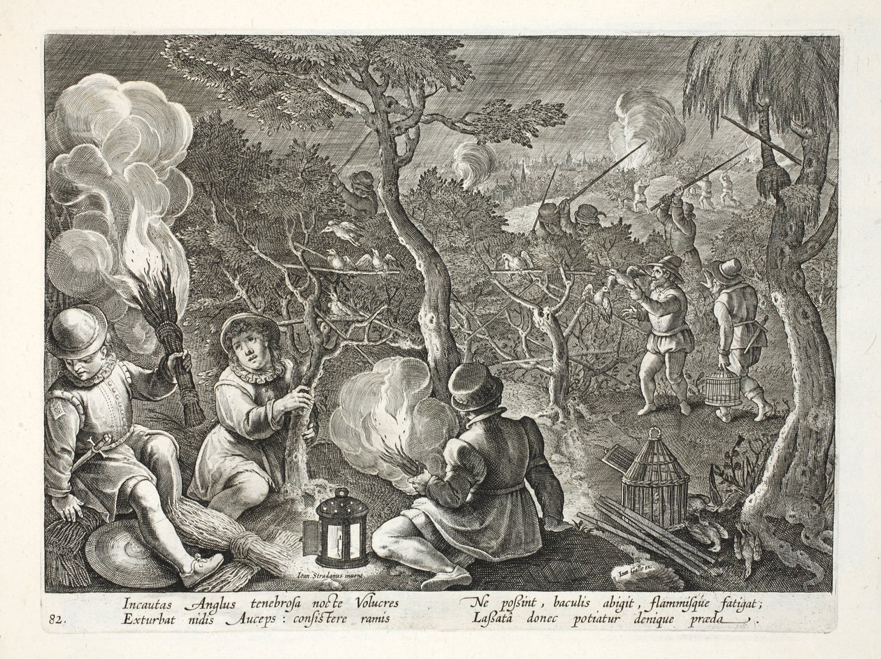 Fowlers que pegam pássaros na noite, ilustração de &39;Venationes, Ferarum, Avium, Piscium&39; (da caça: Bestas selvagens, pássaros, peixes), gravados por Jan Collaert (1566-1628), bar. por Phillipus Gallaeus, Amste de Jan van der Straet