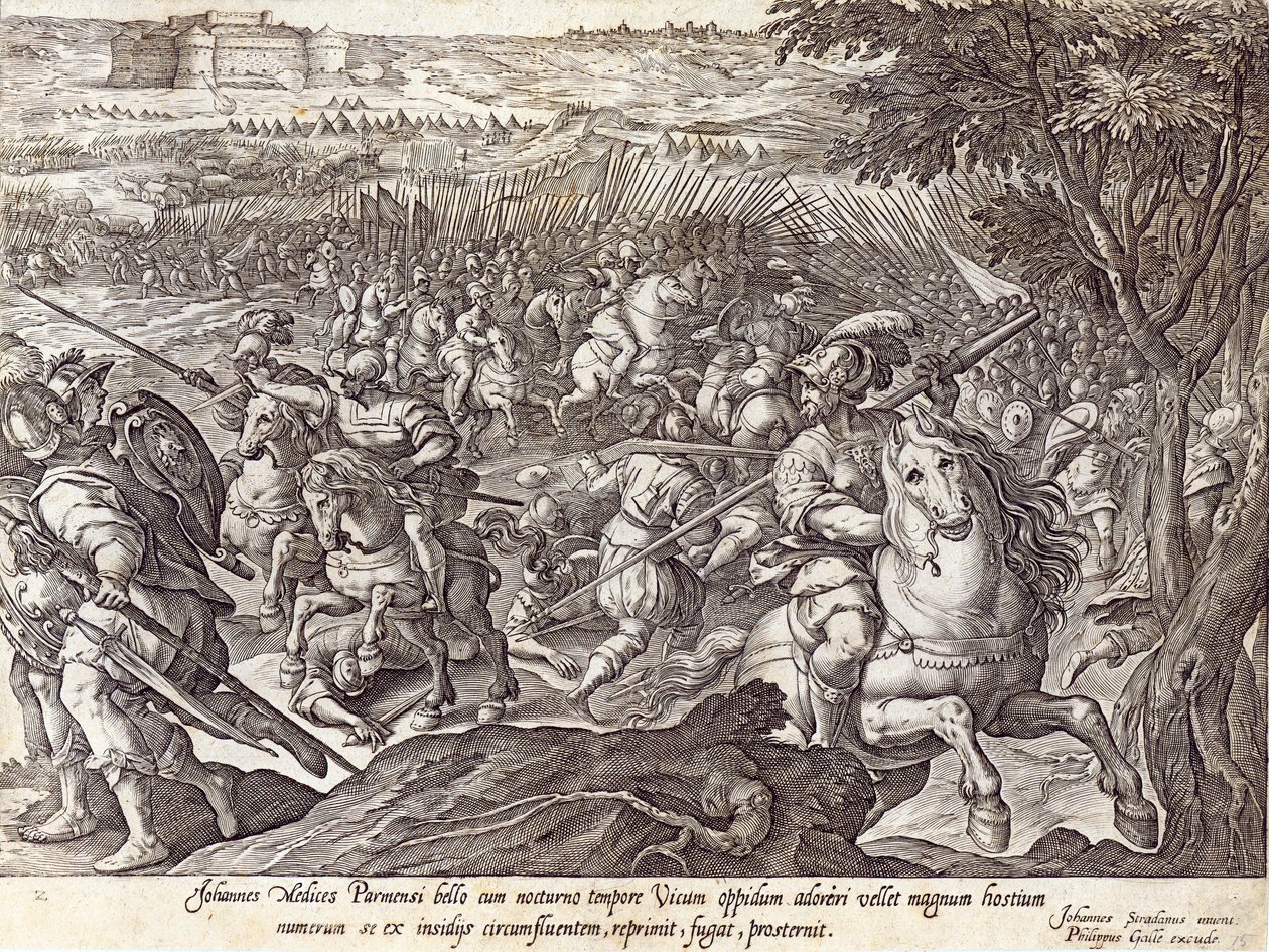 Giovanni de &39;Medici derrotou em Parma, prato de&39; A História dos Medici &39;, gravado por Philip Galle (1537-1612), c.1583 de Jan van der Straet