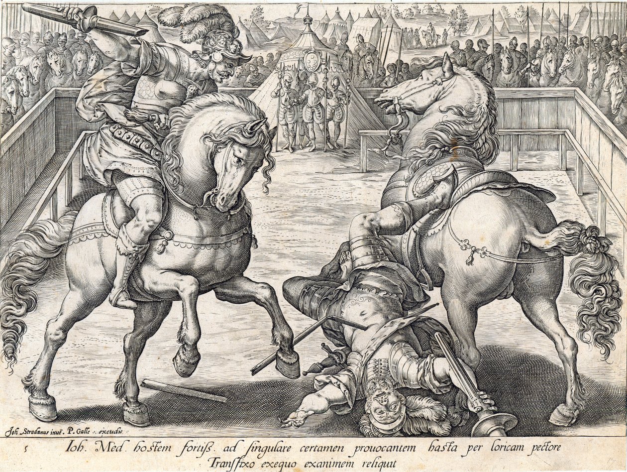 Giovanni de &39;Medici mata um opositor em um duelo, placa 5 de&39; A história dos Medici &39;, gravada por Philip Galle (1537-1612), c. de Jan van der Straet