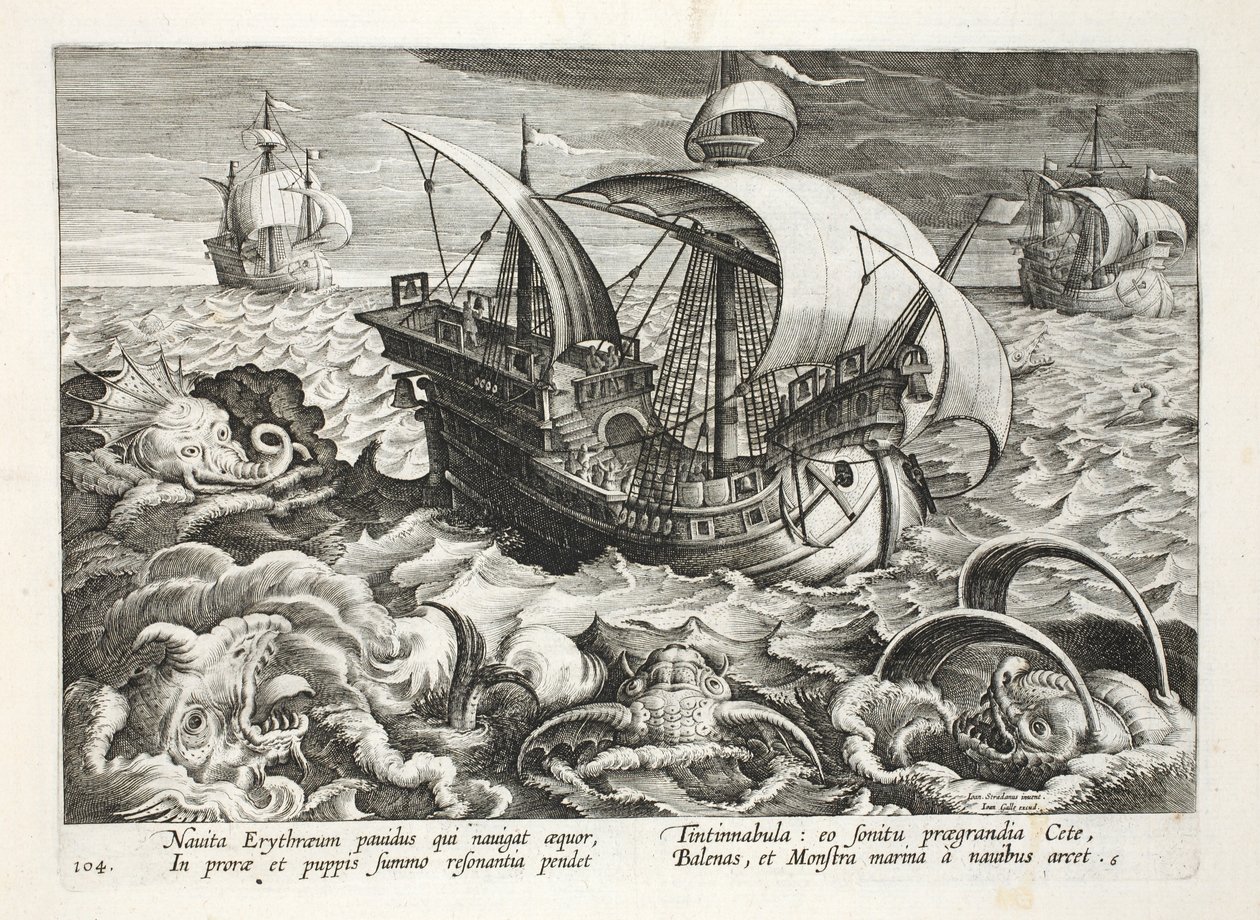 Criaturas do mar de caça, placa 84, ilustração de &39;Venationes, Ferarum, Avium, Piscium&39; (de caça: feras, pássaros, peixes), gravada por Jan Collaert (1566-1628), pub. por Phillipus Gallaeus, Amste de Jan van der Straet