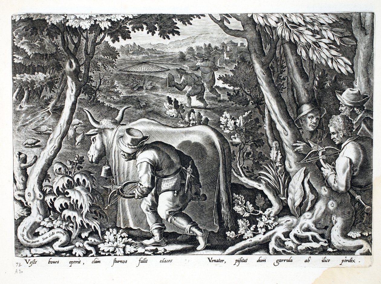 Caça para estorninhos e perdizes, ilustração de &39;Venationes, Ferarum, Avium, Piscium&39; (de caça: feras, pássaros, peixes), gravada por Jan Collaert (1566-1628), pub. por Phillipus Gallaeus, A de Jan van der Straet