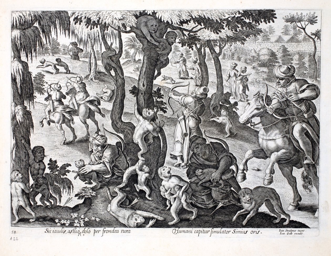 Caçando macacos no campo, ilustração de &39;Venationes, Ferarum, Avium, Piscium&39; (da caça: Bestas selvagens, pássaros, peixes), gravados por Jan Collaert (1566-1628), bar. por Phillipus Gallaeus, Am de Jan van der Straet