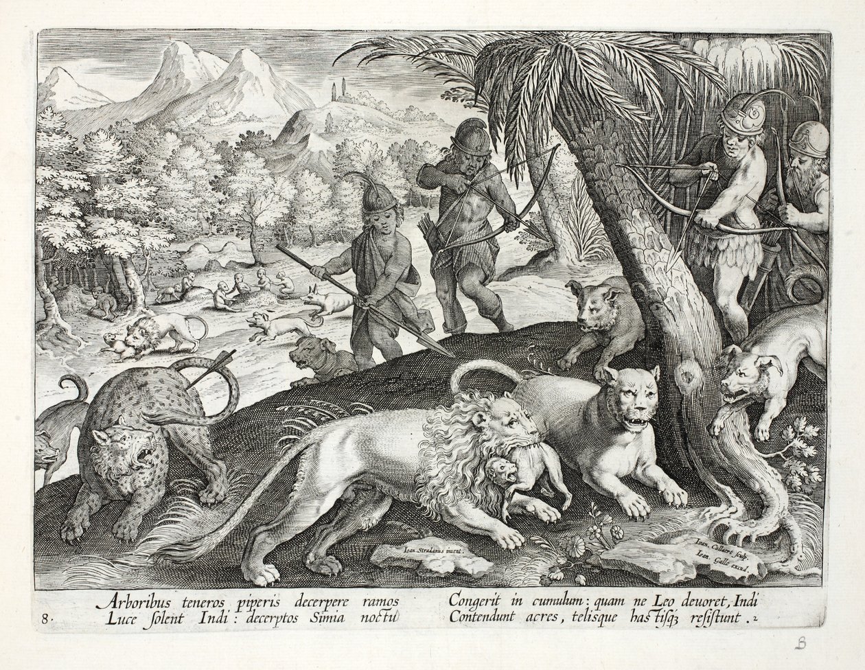 Índios atiram leões com flechas, que capturaram macacos na boca, ilustração de &39;Venationes, Ferarum, Avium, Piscium&39; (De Caça: Animais Selvagens, Pássaros, Peixes), gravada por Jan Collaert (15 de Jan van der Straet