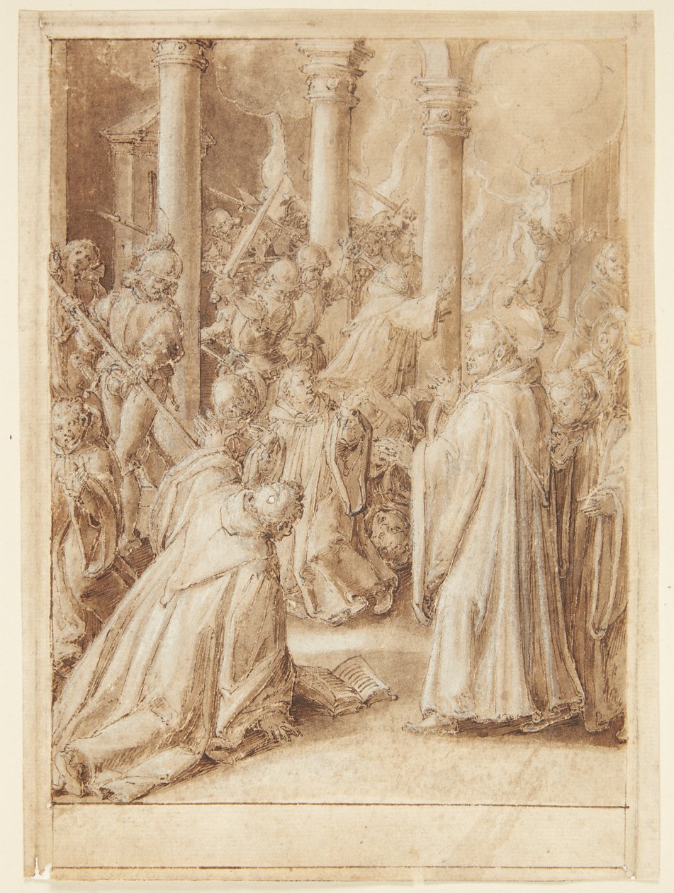 História de S. Giovanni Alberti Fiorentino. Os soldados enviados pelo bispo de Florença atacam o mosteiro onde acreditam estar Giovanni Alberti(?) de Jan van der Straet