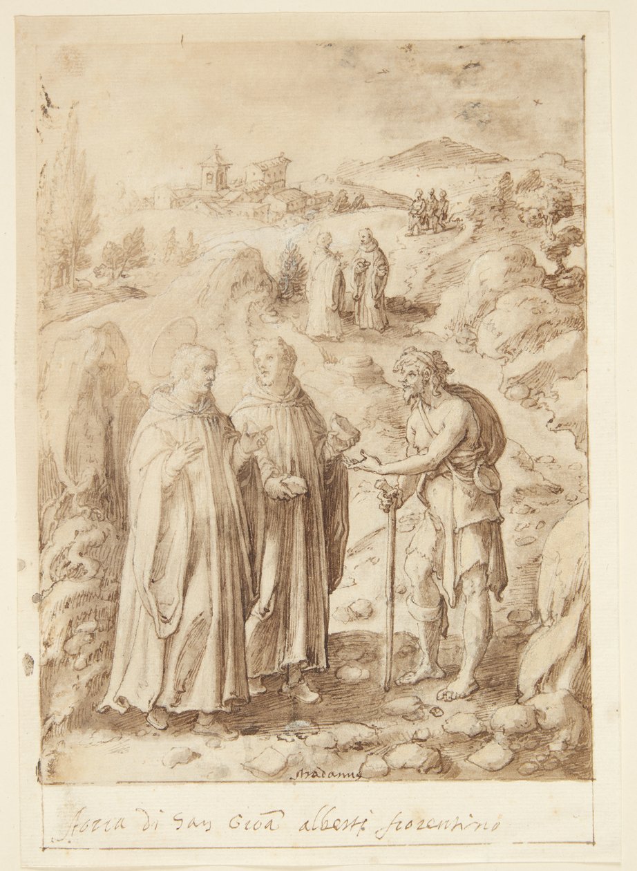História de S. Giovanni Alberti Fiorentino. O santo e o monge acompanhante dão a um mendigo seu último pão de Jan van der Straet