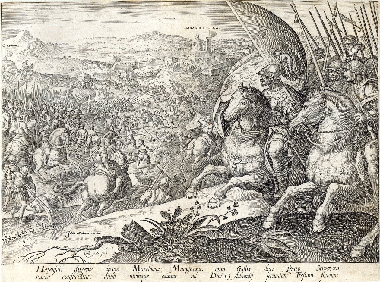 A Batalha de Labadia si Sena e St. Abonda, placa 3 de "A História dos Medici", gravada por Philip Galle (1537-1612), c.1583 de Jan van der Straet