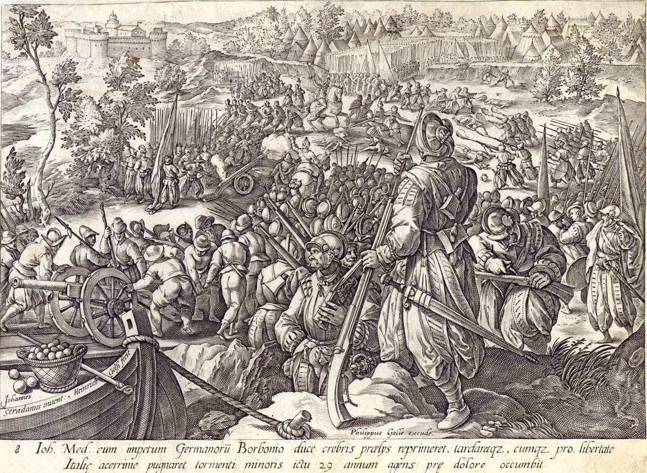 A Morte de Giovanni de &39;Medici in Battle, placa 8 de&39; A História dos Medici &39;, gravada por Hendrick Goltzius (1558-1617), c.1583 de Jan van der Straet