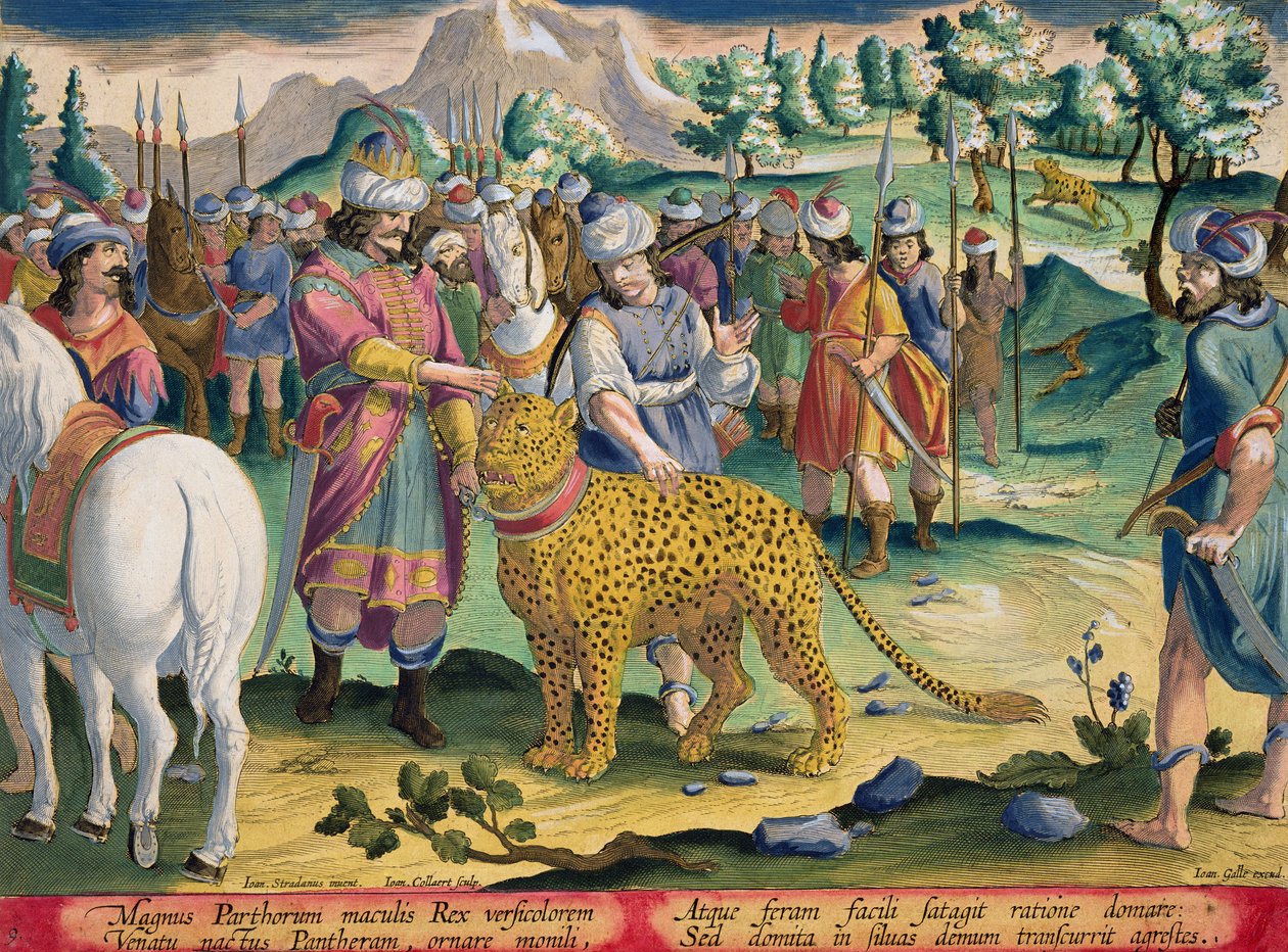 O Grande Rei dos Partas Caça com suas Panteras Mansoas, placa 9 de &39;Venationes Ferarum, Avium, Piscium&39; (De Caça: Animais Selvagens, Pássaros, Peixes) gravada por Jan Collaert (1566-1628) publicada por de Jan van der Straet
