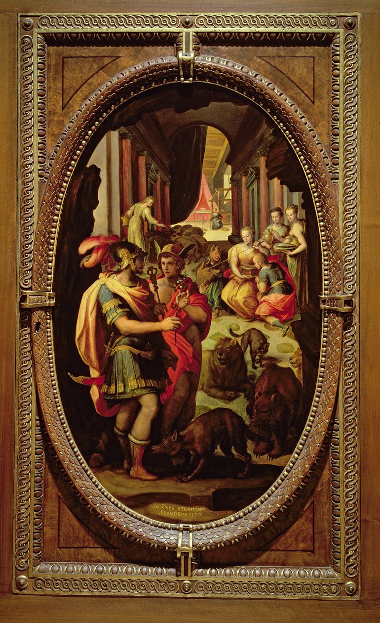 Ulisses, Mercúrio e Circe, 1570 (óleo sobre ardósia) de Jan van der Straet
