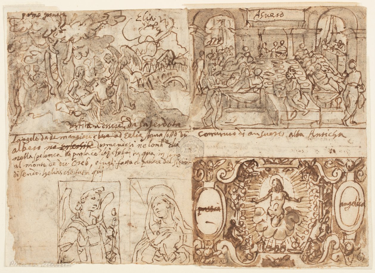 Acima, à esquerda: paisagem arborizada com Elias despertado e nutrido por um anjo no monte Horebe (1 Reis 19:5-6); Acima à direita: O banquete do rei Assuero (Ester 1: 1-6)