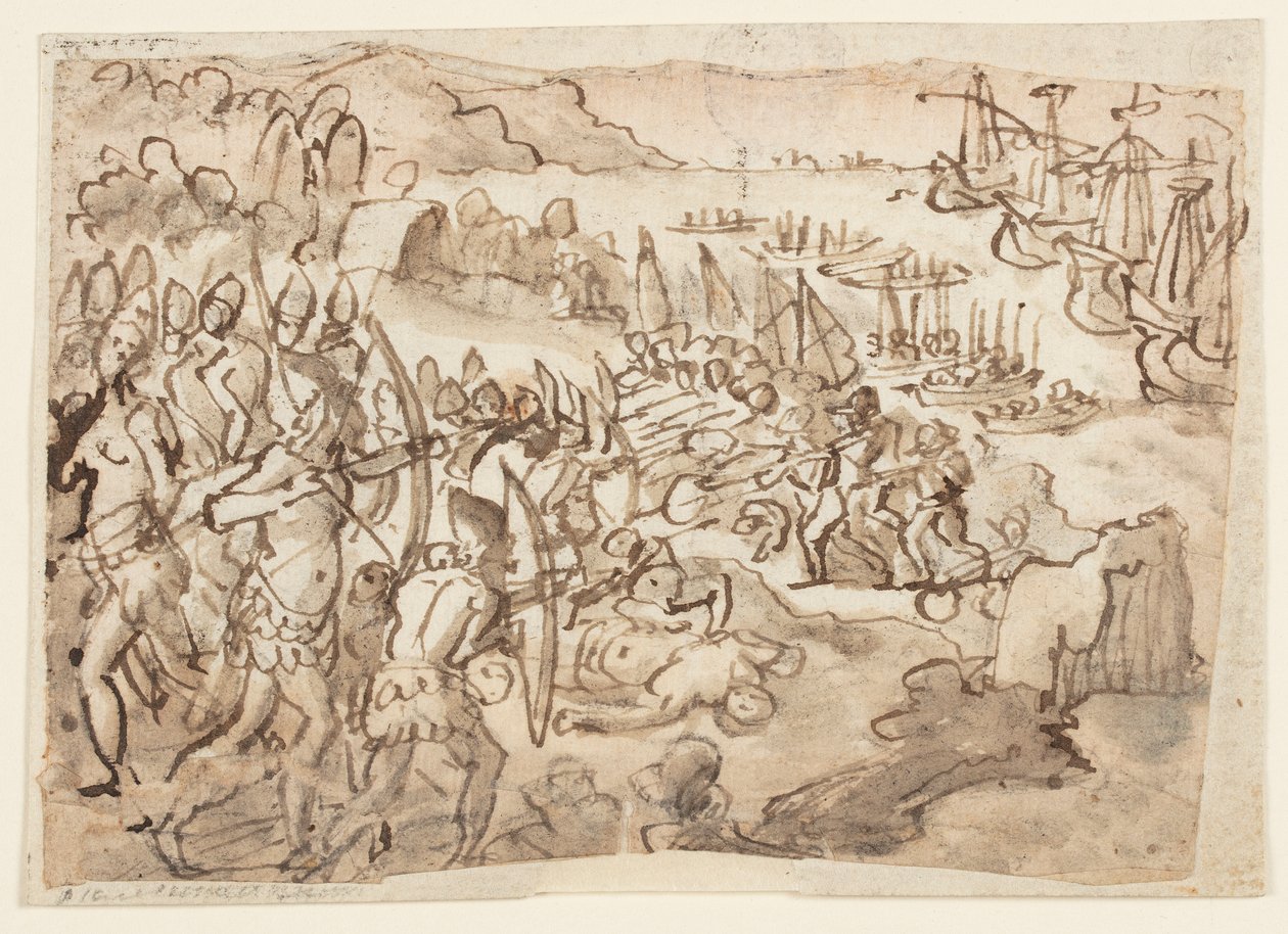 Conquista das Ilhas Filipinas, projeto preliminar para pintura grisille realizado pelo filho de Stradanus Scipione, para os exéquias em memória de Filipe II de Espanha, realizada em San Lorenzo, em Florença, em 12 de novembro de 1598 de Jan van der Straet, called Stradanus