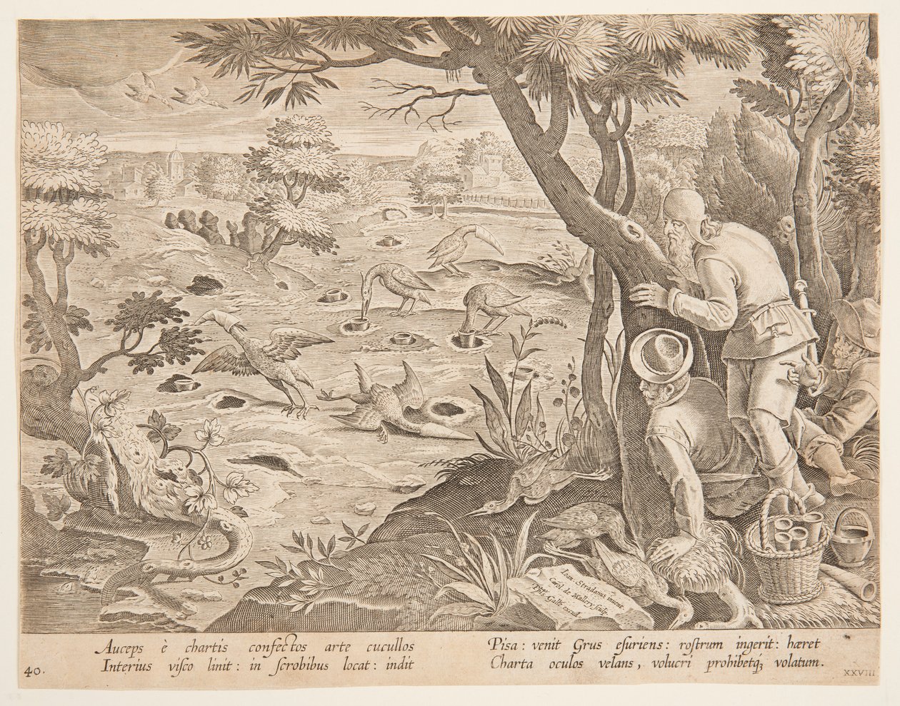 Crane Hunt usando Cones, placa 28 na série Hunts of Game, Birds, and Fish de Jan van der Straet, called Stradanus