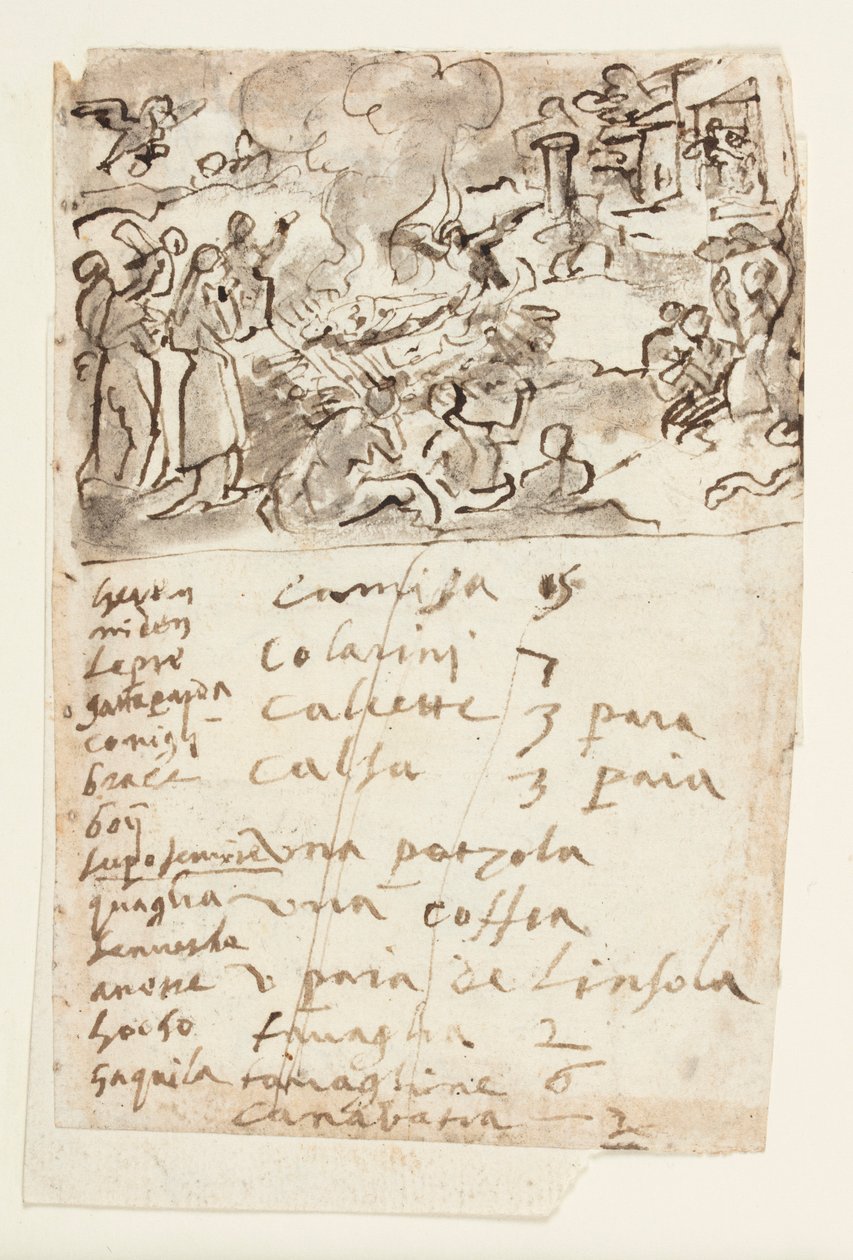 Morte da Mulher de Sestos, da História Natural de Plínio, Livro 10, cap. 6; abaixo: inscrição listando animais apresentados em uma série de imagens de caça e lista de itens de vestuário de Jan van der Straet, called Stradanus