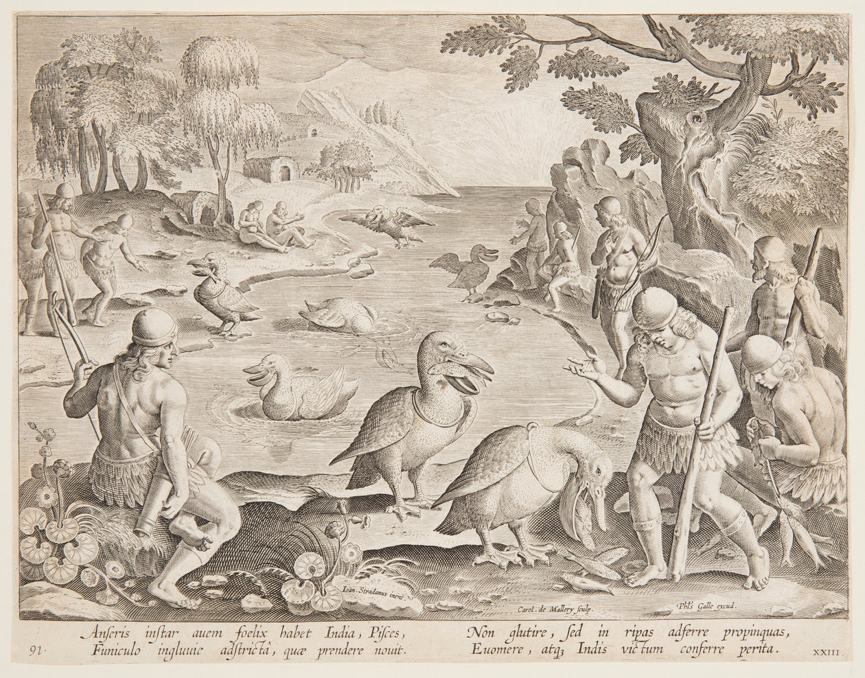 Índios Pegando Peixes com a Ajuda de Pelicanos, placa 23 da série Jogo de Caça, Aves e Peixes de Jan van der Straet, called Stradanus