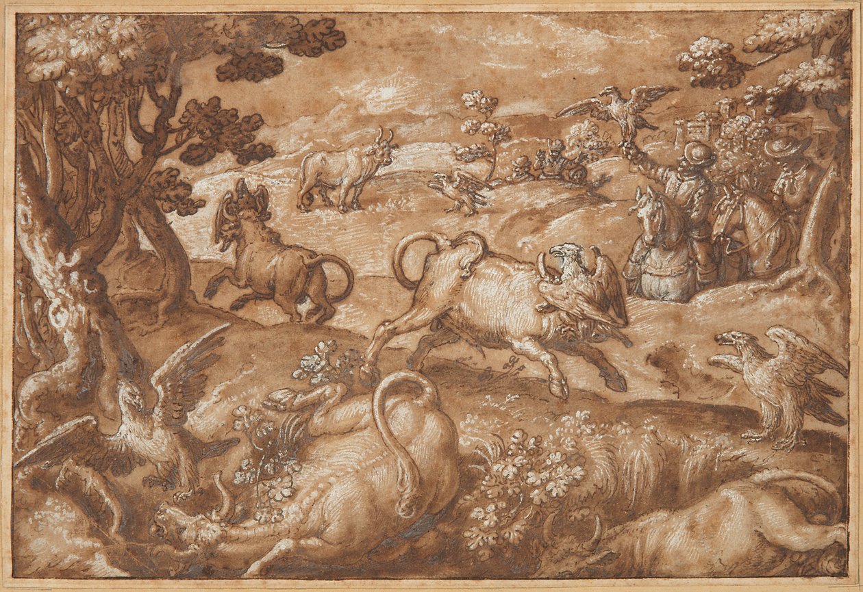 Homens caçando touros com águias de Jan van der Straet, called Stradanus