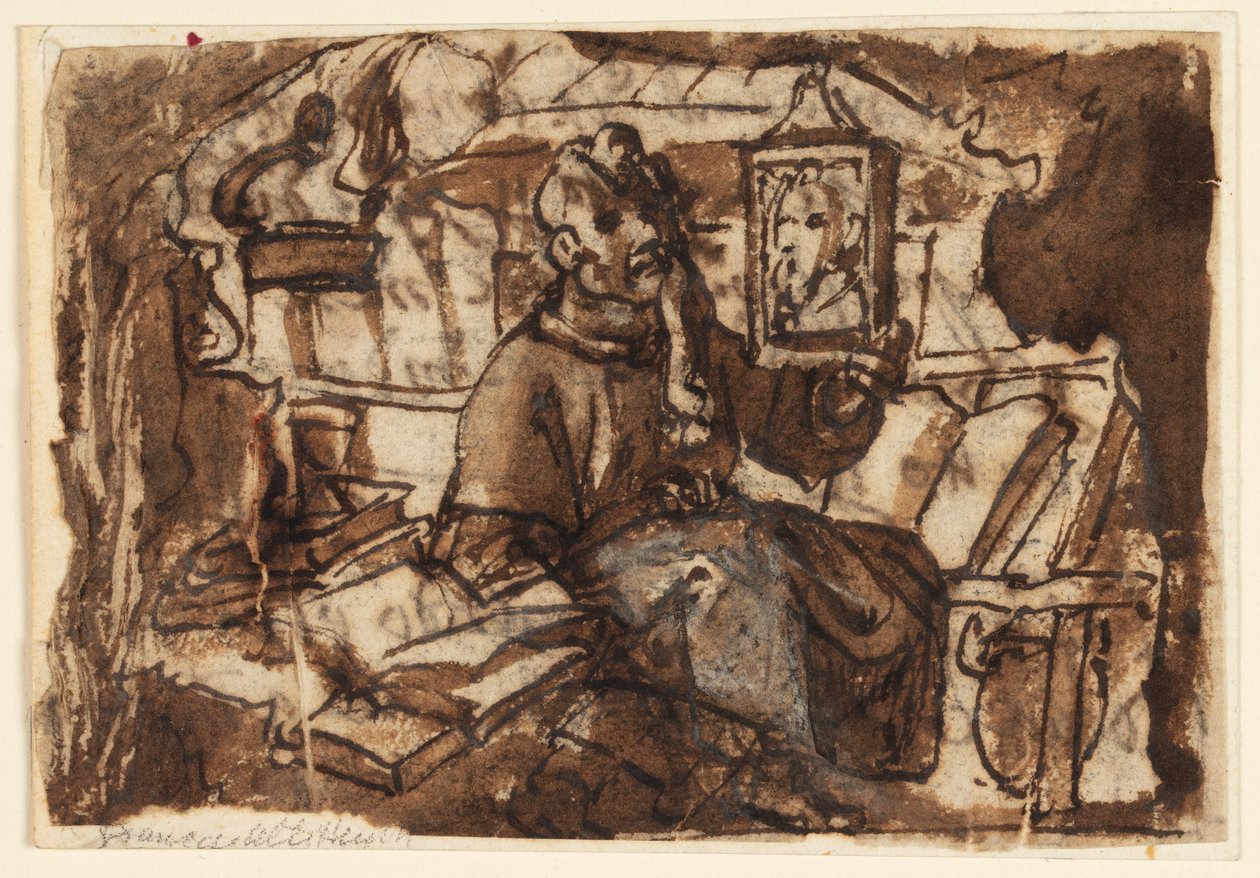 Página de um caderno de desenho; Um monge em seu estúdio de Jan van der Straet, called Stradanus