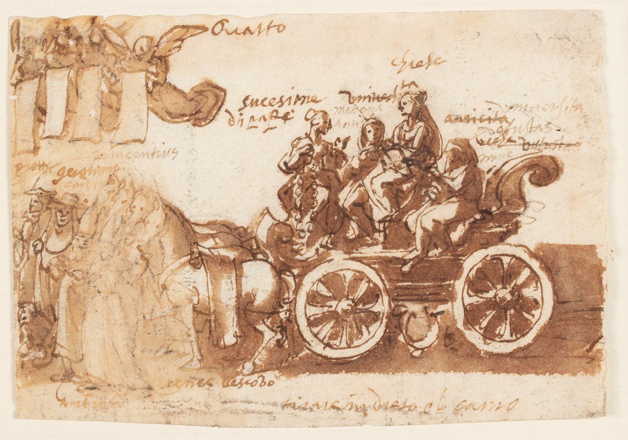 Página de um caderno de desenho; Carruagem e três cavalos de Jan van der Straet, called Stradanus