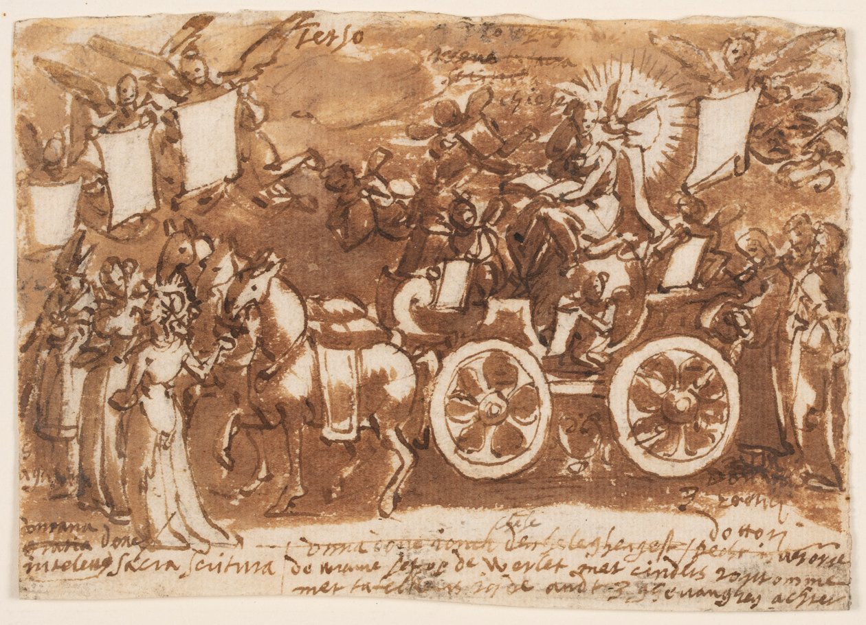 Página de um caderno de desenho; Carruagem e três cavalos de Jan van der Straet, called Stradanus