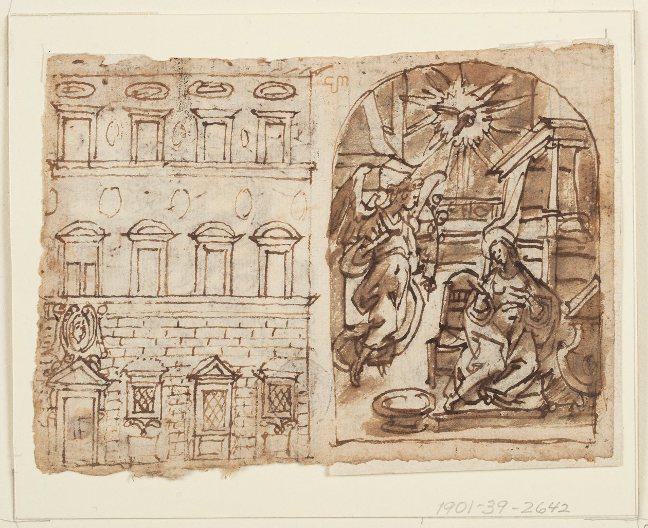 Página de um caderno de desenho; Elevação do Palácio, Anunciação, Última Ceia de Jan van der Straet, called Stradanus