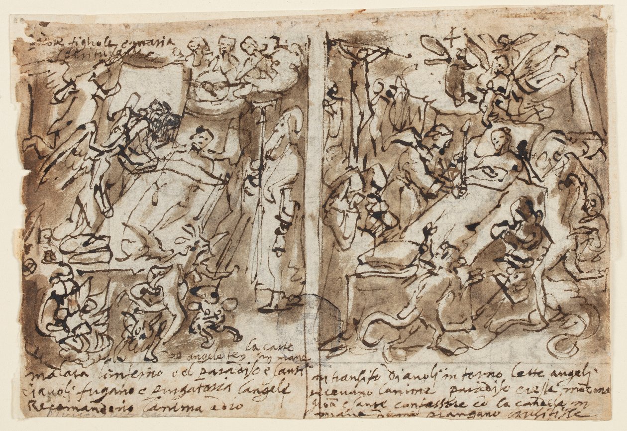 Página de um caderno de desenho; Poderes celestiais ajudando piedosos; Esboço para retrato de santo; Decoração do frontão de Jan van der Straet, called Stradanus