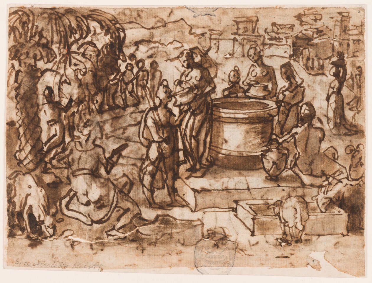 Página de um caderno de desenho; Moisés e as filhas de Jetro de Jan van der Straet, called Stradanus