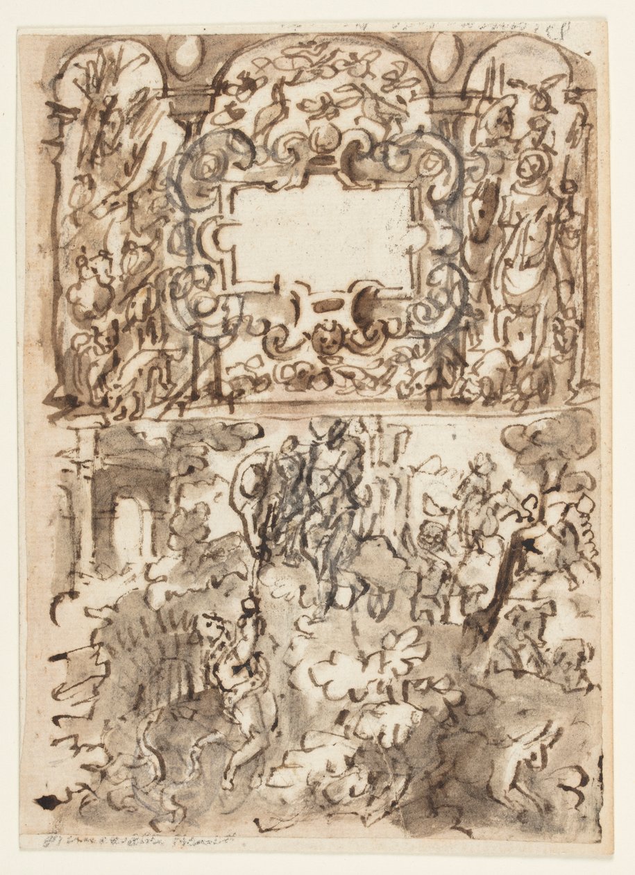 Página de um caderno de desenho; Folha de rosto para série de gravuras sobre caça; Acidente de um caçador de Jan van der Straet, called Stradanus
