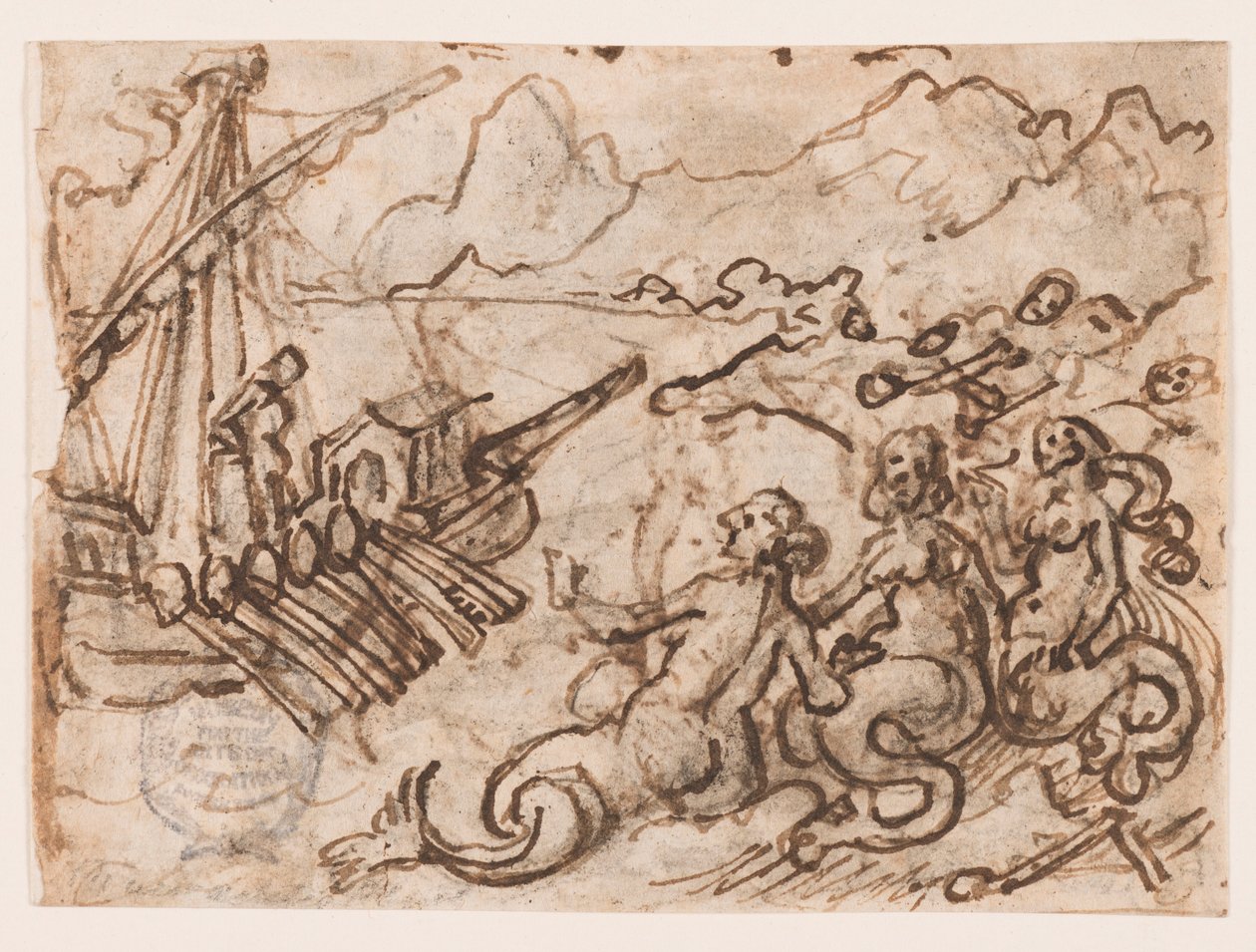 Página de um caderno de desenho: Ulisses passa as sereias (reto); Ulisses no submundo (verso) de Jan van der Straet, called Stradanus