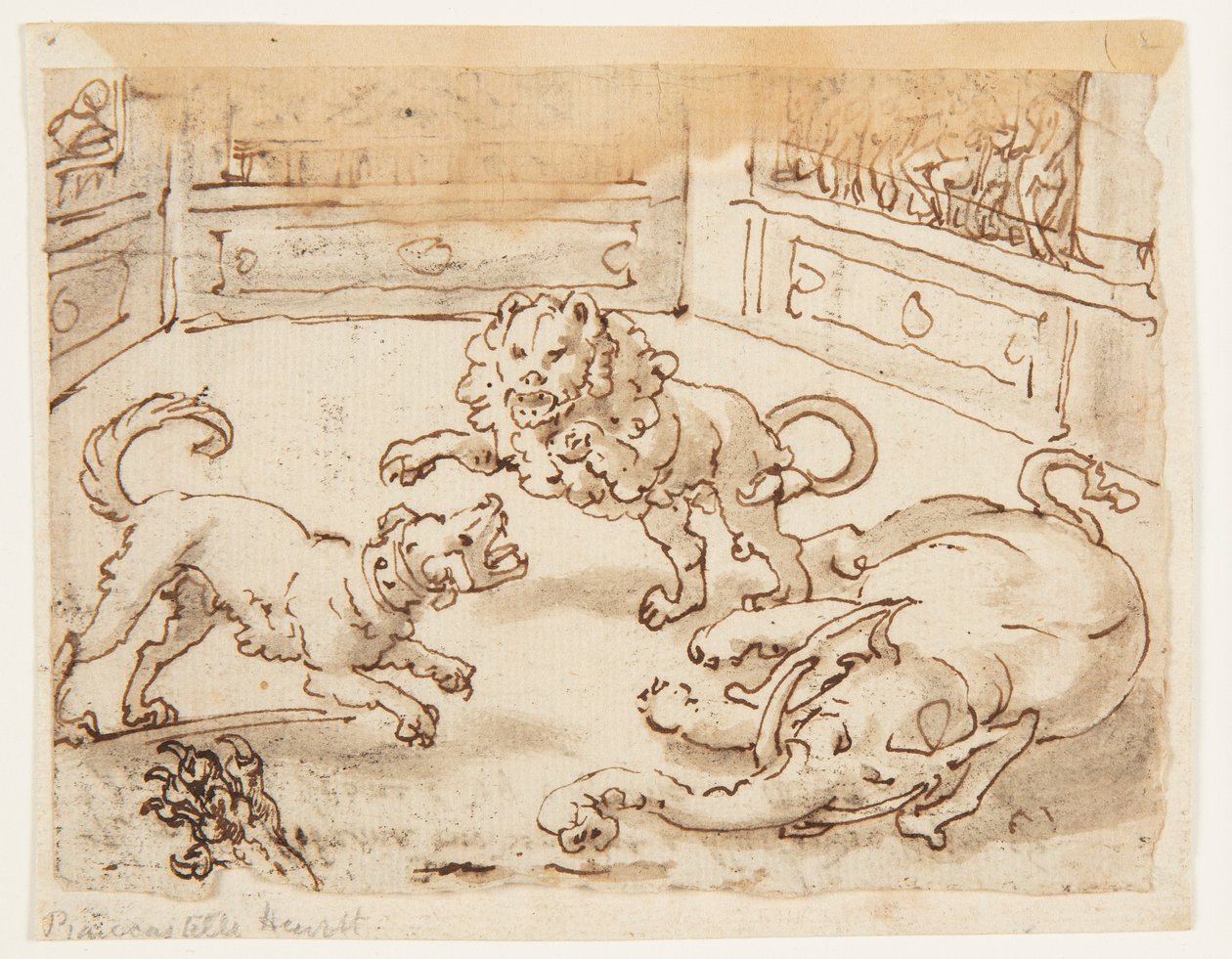 Reto: Alexandre, o Grande, assistindo a uma luta entre seu cão, elefante e leão; Verso: Verso: inscrição relativa à História Natural de Plínio, o Velho, Livro 8, cap. 61 de Jan van der Straet, called Stradanus