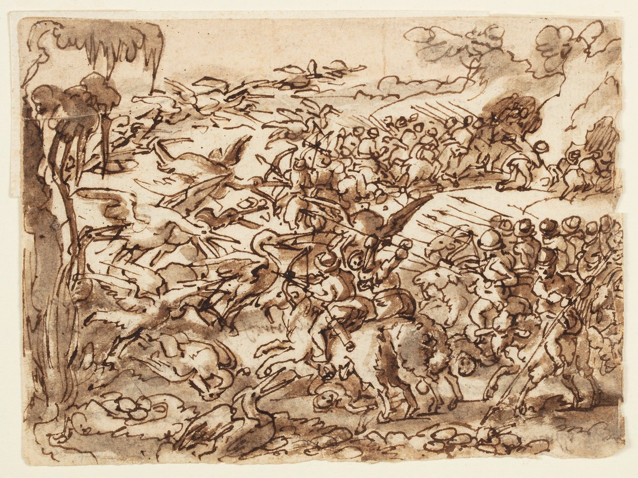 Reto: Batalha entre Pigmeus e Garças; Verso: inscrição relativa à História Natural de Plínio, o Velho, Livro 7, cap. 2 de Jan van der Straet, called Stradanus