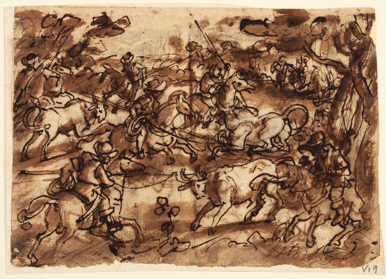 Recto: Caça ao touro com Lassos; Verso, acima: Caça ao Urso por Homens de Armadura; Verso, abaixo: Caçando Macacos por Decepção; todos os projetos preliminares para a série Venationes de Jan van der Straet, called Stradanus