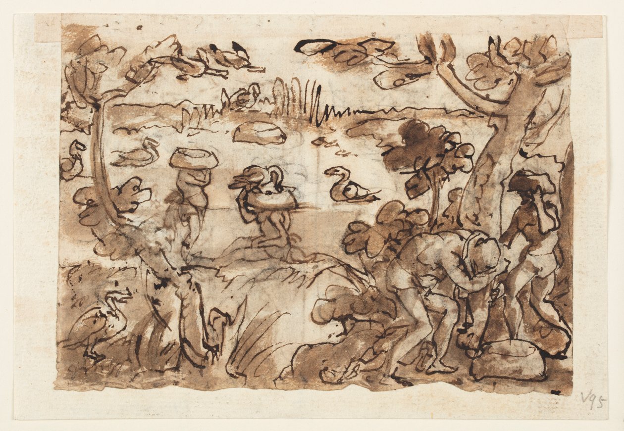 Reto: Caçando Patos Usando Abóboras nas Índias Ocidentais; Verso, acima: Caça ao Crocodilo no Nilo; Verso, abaixo: caçando tigres usando armadilhas e espelhos de Jan van der Straet, called Stradanus