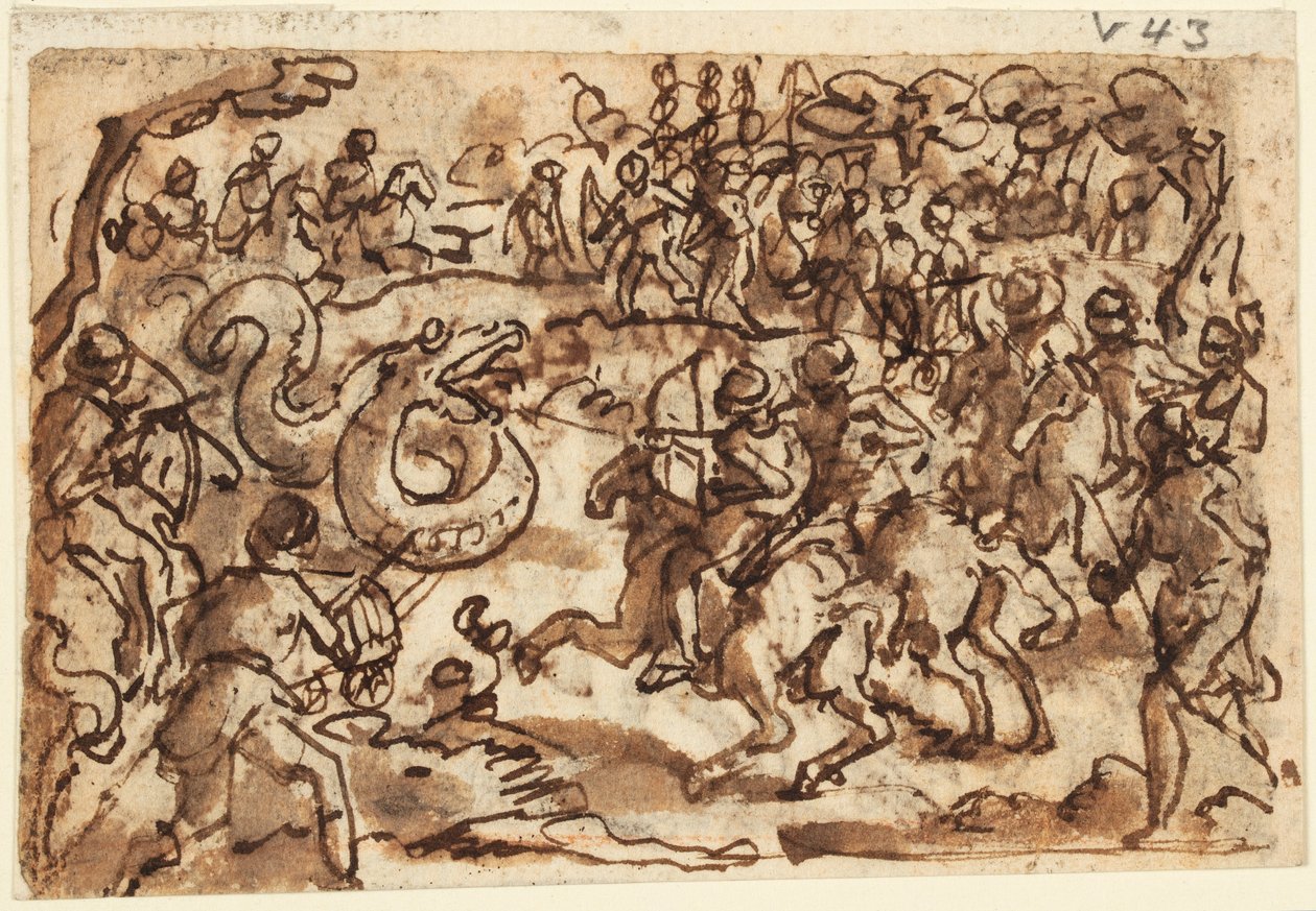 Reto: O cônsul romano Attilius Regulus lutando contra uma serpente gigante africana, da História Natural de Plínio, Livro 8, cap. 14; Verso: Ptyolomy pegando uma serpente gigante com uma rede, de Diodorus Siculus, Bibliotheca Historica III, 37 de Jan van der Straet, called Stradanus