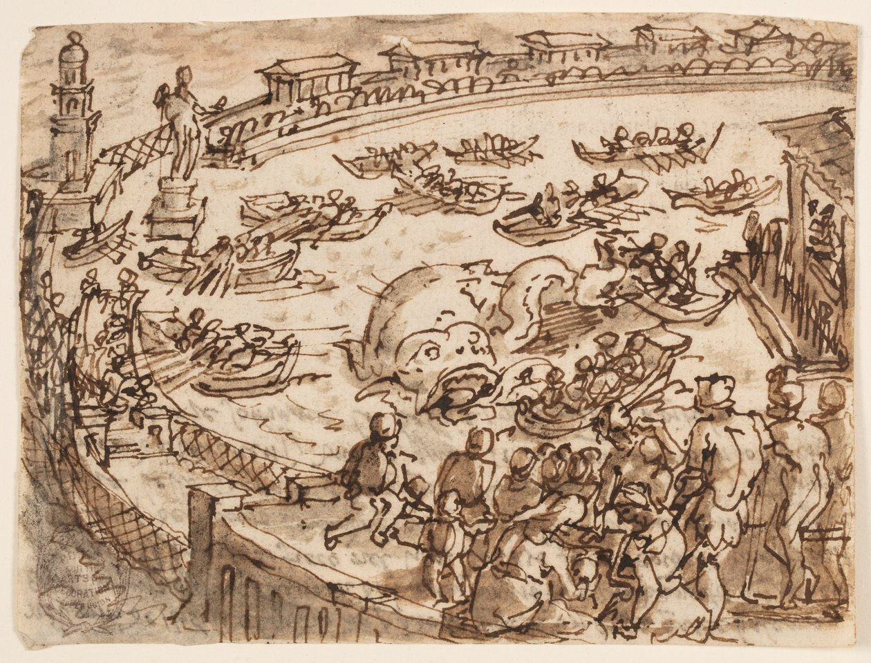 Reto: Caça à Baleia pelo Imperador Cláudio no porto de Ostia; Verso: inscrição relativa à História Natural de Plínio, o Velho, Livro 9, cap. 5 de Jan van der Straet, called Stradanus