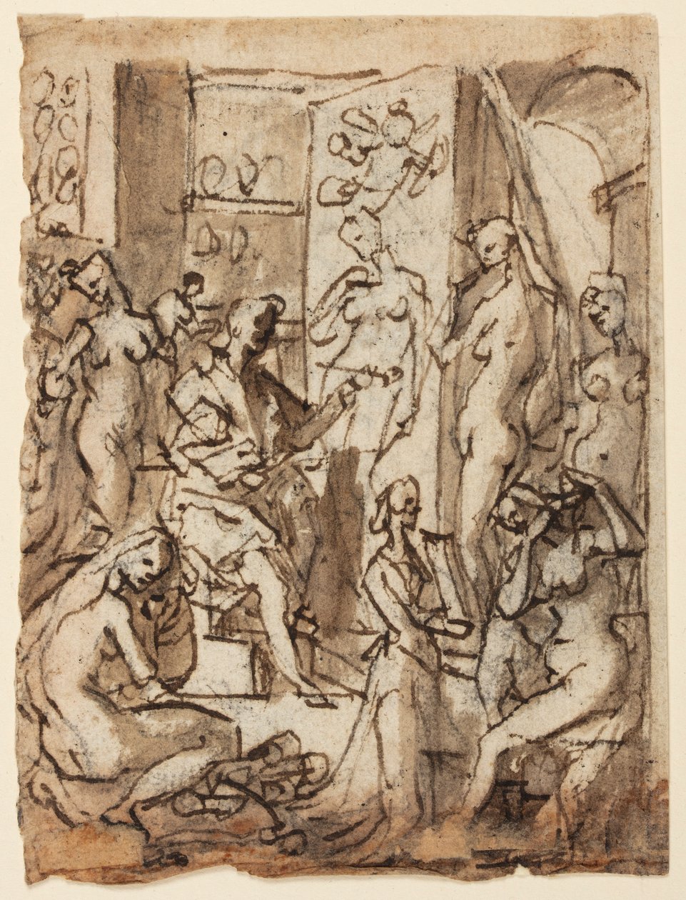 Reto: Zeuxis pintando Helena; Verso: Estudos de figuras para uma ilustração do oitavo círculo, décima bolgia do Inferno de Dante (Falsificadores: Mestre Adamo, Sinon de Tróia, Esposa de Potifar) de Jan van der Straet, called Stradanus